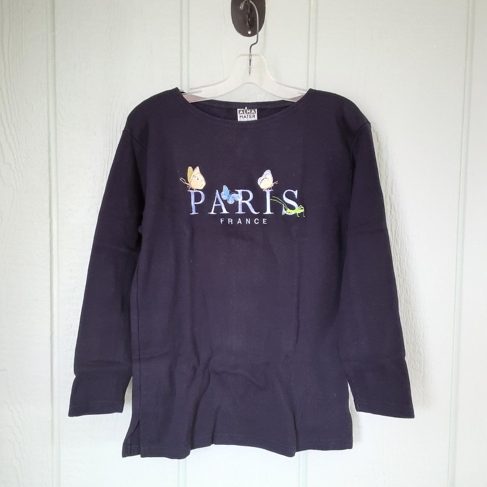 Alma Mater 🌞0133 Women's Top Long Sleeve Embroidered Paris France Sz M Preowned